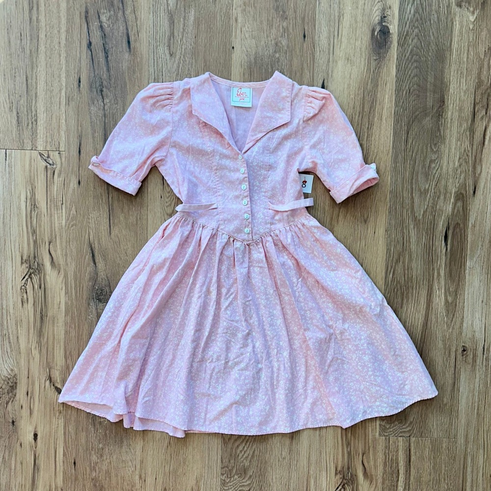Vintage Eber Girl Pink‎ Floral Dress Kids Size 8 Cottagecore Button Front USA